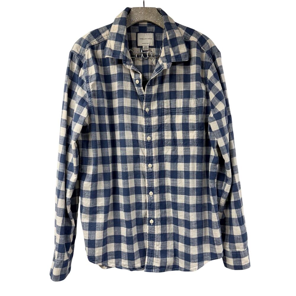 American Eagle Flannel Large Blue Plaid Check Super Soft Large Americana
